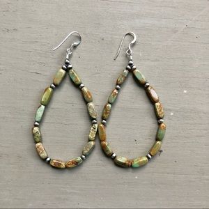 Earthy Long Green Kingman Beaded Loop Earrings